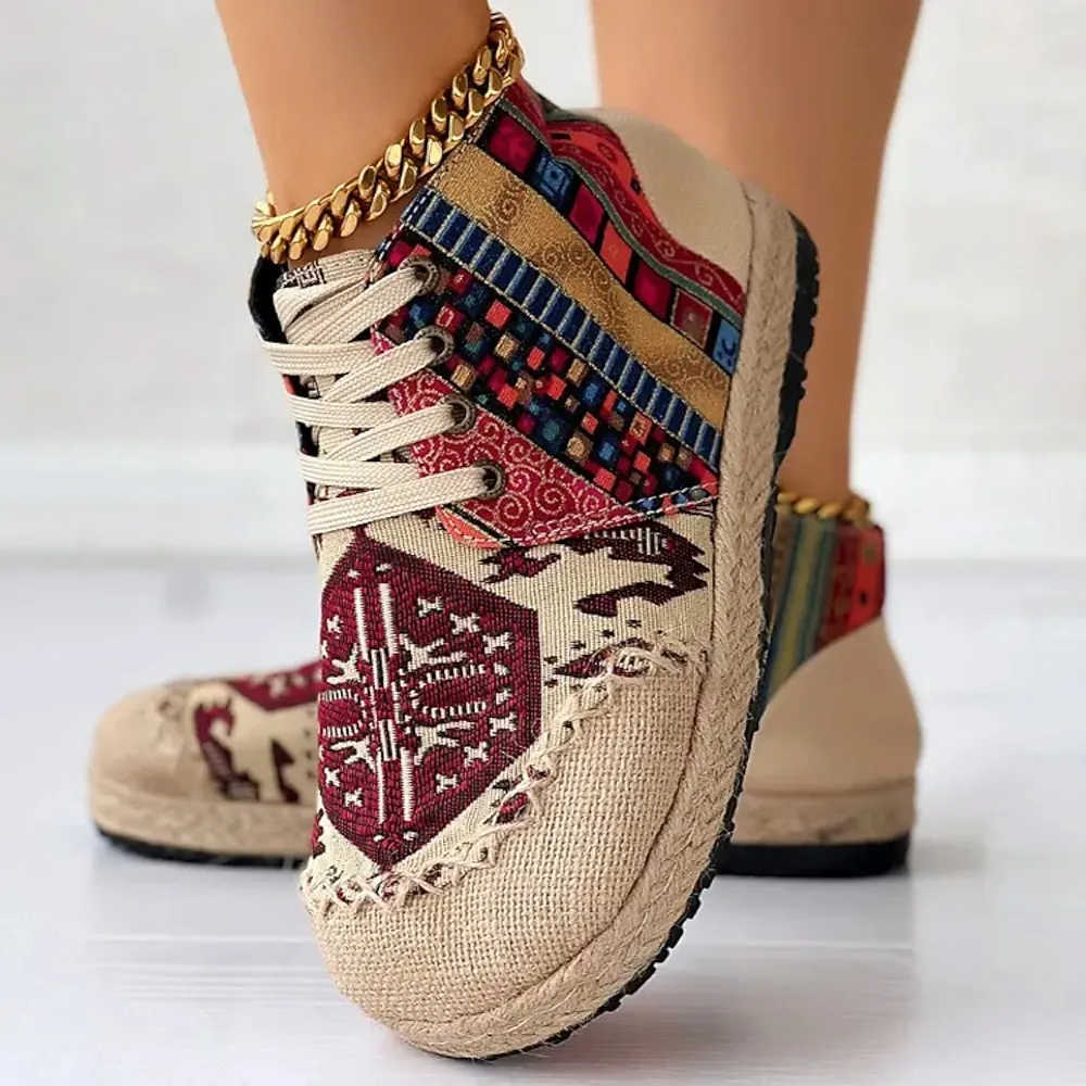 dytrzb1700729393817.webp Women's Bohemian Lace-Up Sneakers – Ethnic Print Canvas Casual Shoes with Woven Sole, Lightweight & Comfortable Walking Shoes for Daily Wear & Travel - Image 1