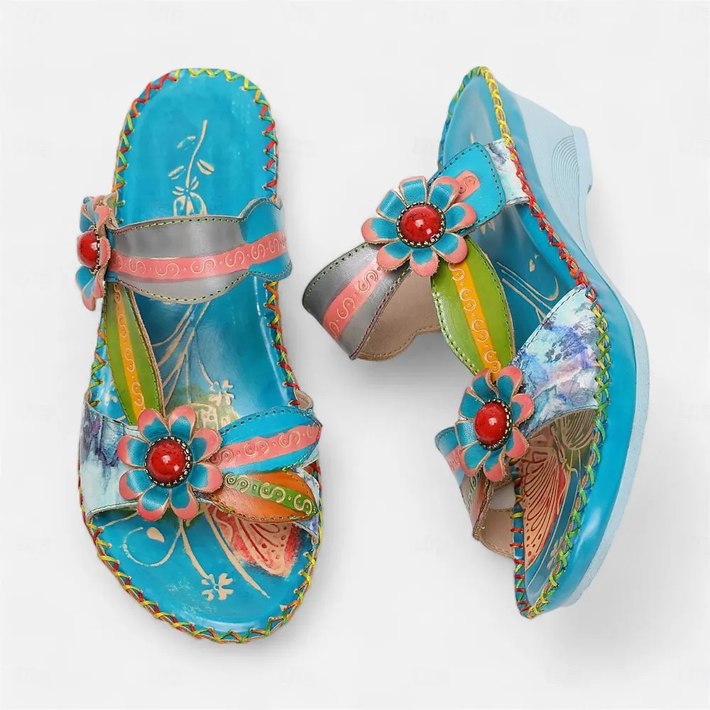 hbhntk1714987621164.webp Women's Colorful Floral Wedge Sandals with Hand-Painted Leather and Embossed Details, Bohemian Open Toe Summer Slides for Casual Outfits and Vacation - Image 1