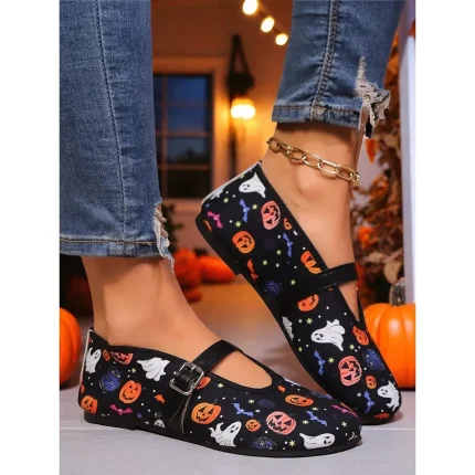 Women's Halloween Mary Jane Flats – Vintage Ghost and Pumpkin Print Shoes with Buckle Strap for Costume Party, Trick-or-Treat and Casual Wear