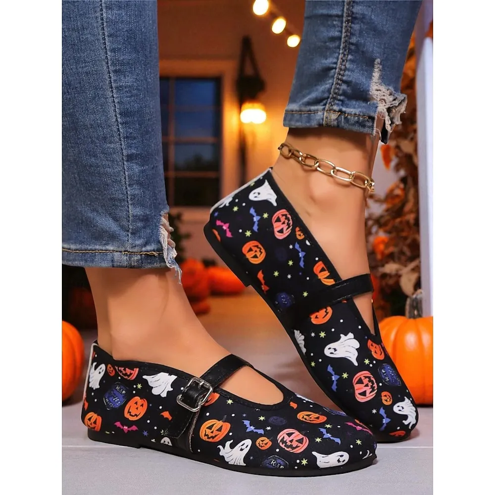 joymgb1758009911413.webp Women's Halloween Mary Jane Flats – Vintage Ghost and Pumpkin Print Shoes with Buckle Strap for Costume Party, Trick-or-Treat and Casual Wear - Image 1