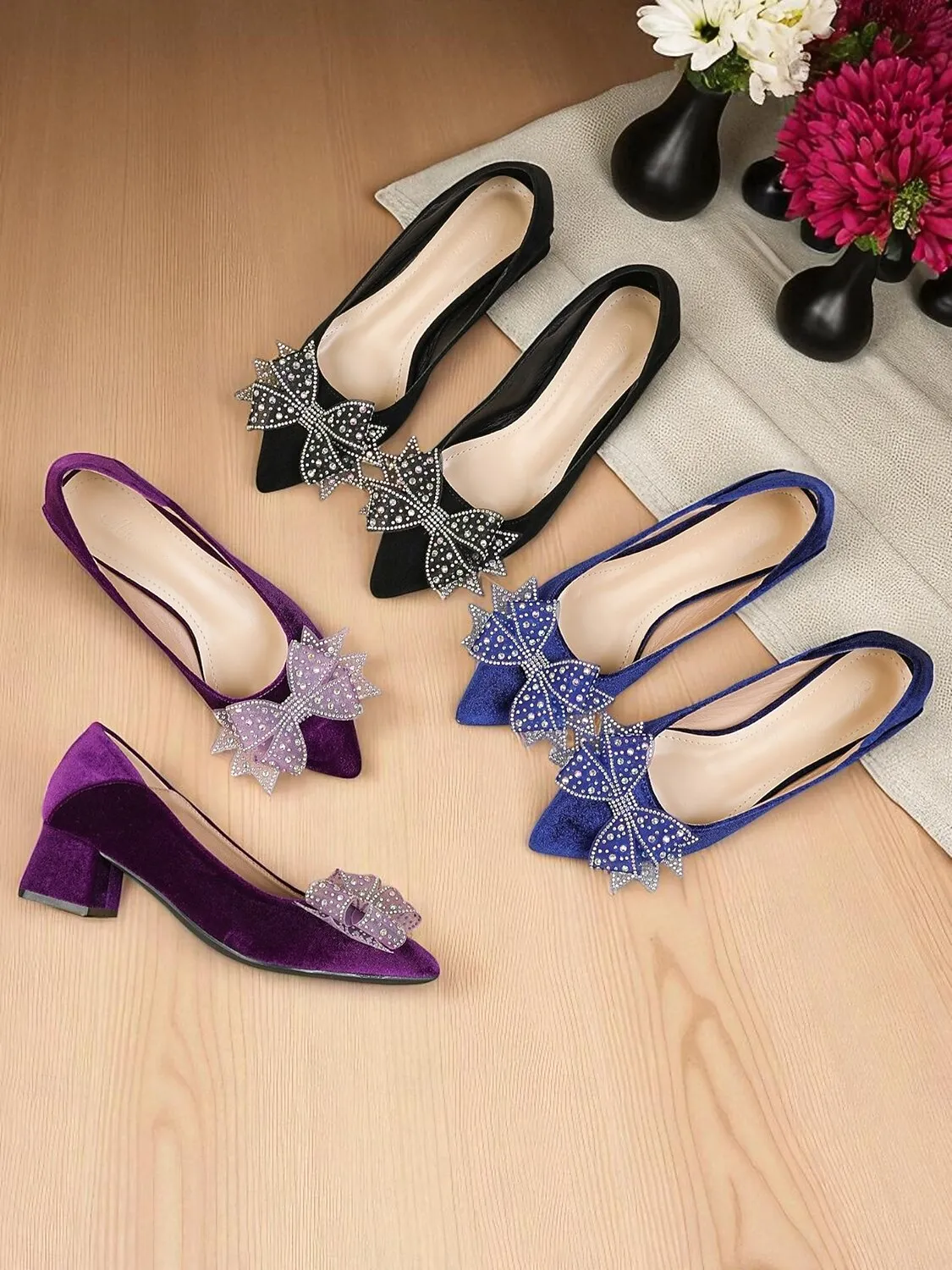 kuuacw1751887309738.webp Women's Blue Velvet Block Heel Pumps with Rhinestone Bow - Elegant Vintage Square Toe Heels for Evening Parties, Weddings, and Formal Occasions - Image 1