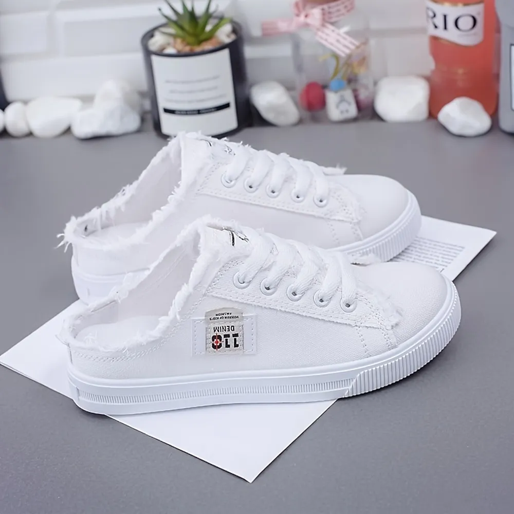 lacuaj1685414238805.webp Women's White Backless Canvas Sneakers with Raw Edge Design, Slip-On Lace-Up Mules for Summer Streetwear, School, and Casual Outings - Image 1