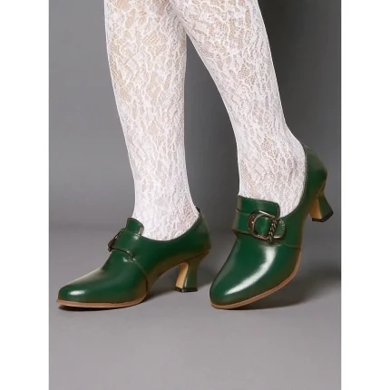 Women's Green Victorian Buckle Heeled Shoes – Retro 1900s Edwardian Style Mid-Heel Pumps with Pointed Toe, Elegant Vintage Footwear for Cosplay, Tea Parties, and Formal Occasions
