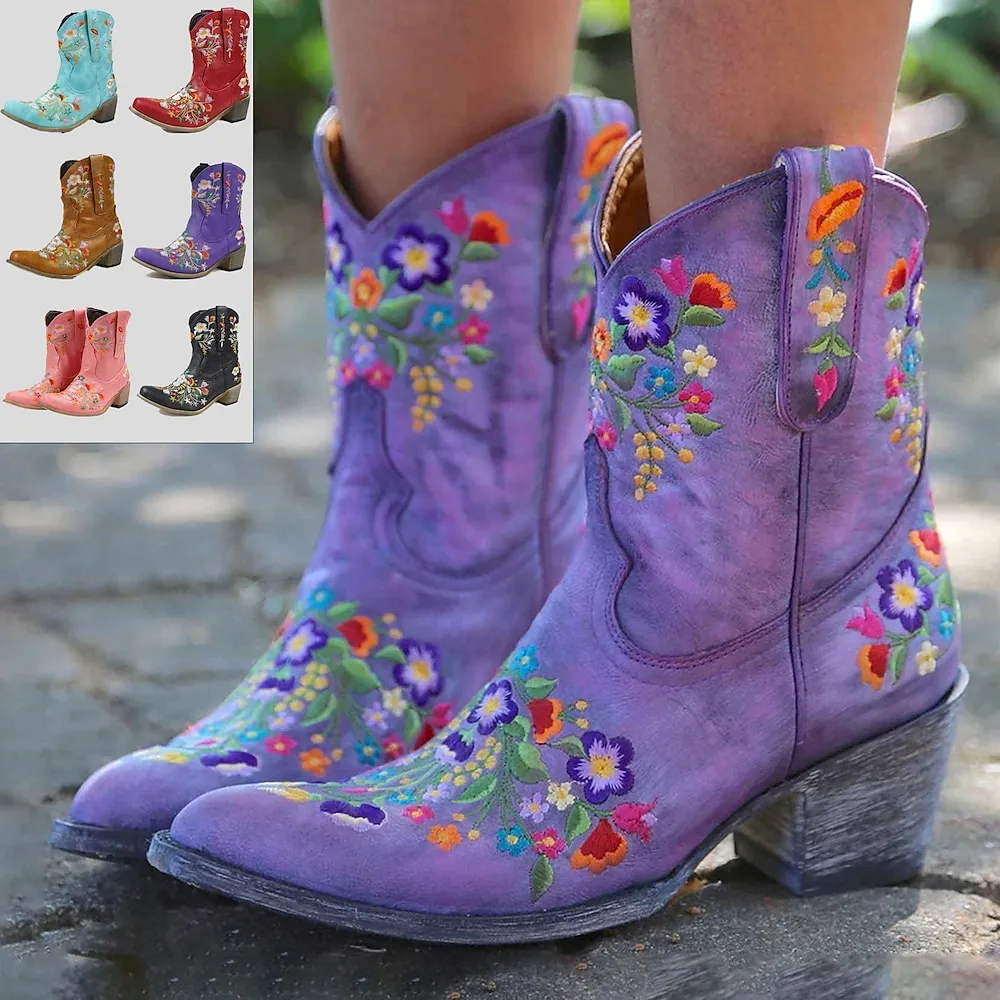 ovkwnd1694762212081.webp Women's Vintage Western Cowboy Boots – Floral Embroidered Faux Leather Ankle Boots for Casual and Festival Wear - Image 1