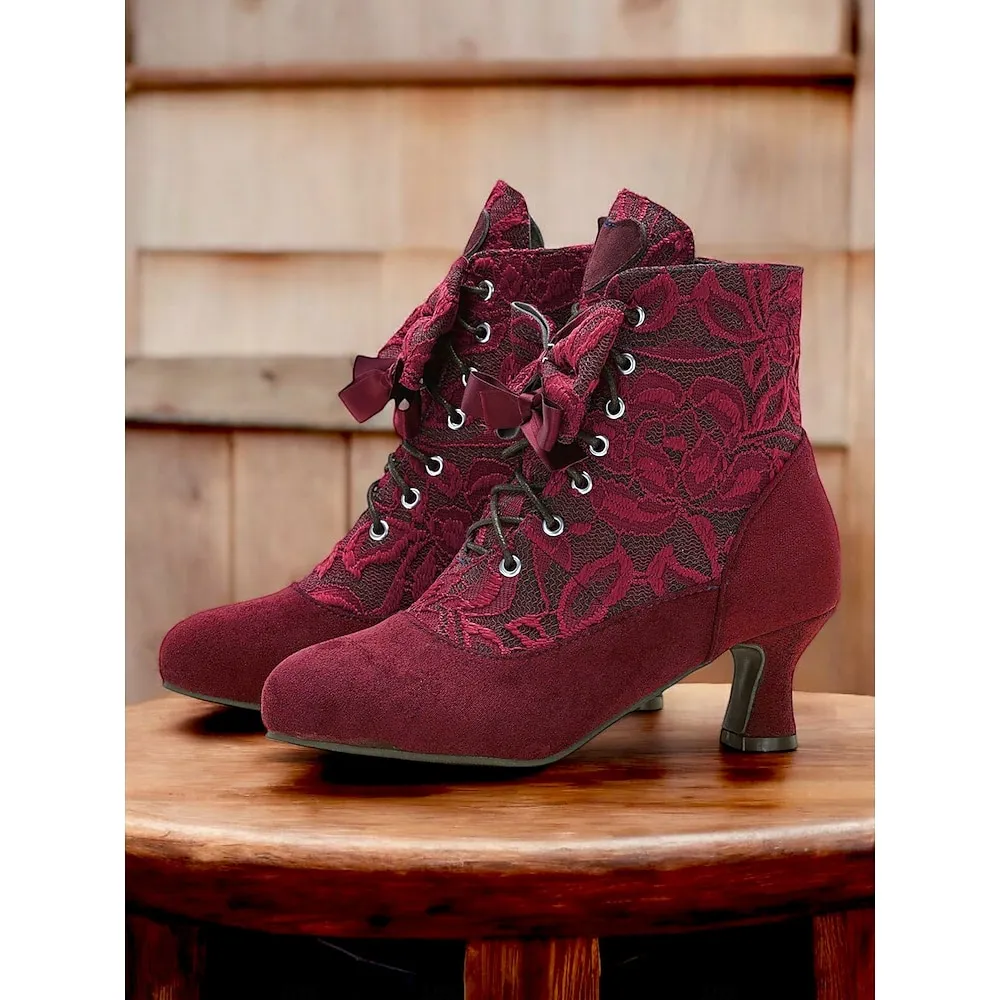 sygtjo1731321421956.webp Women's Burgundy Victorian Lace-Up Ankle Boots with Floral Lace Design and Mid-Heel – Elegant Retro Style for Formal and Casual Occasions - Image 1