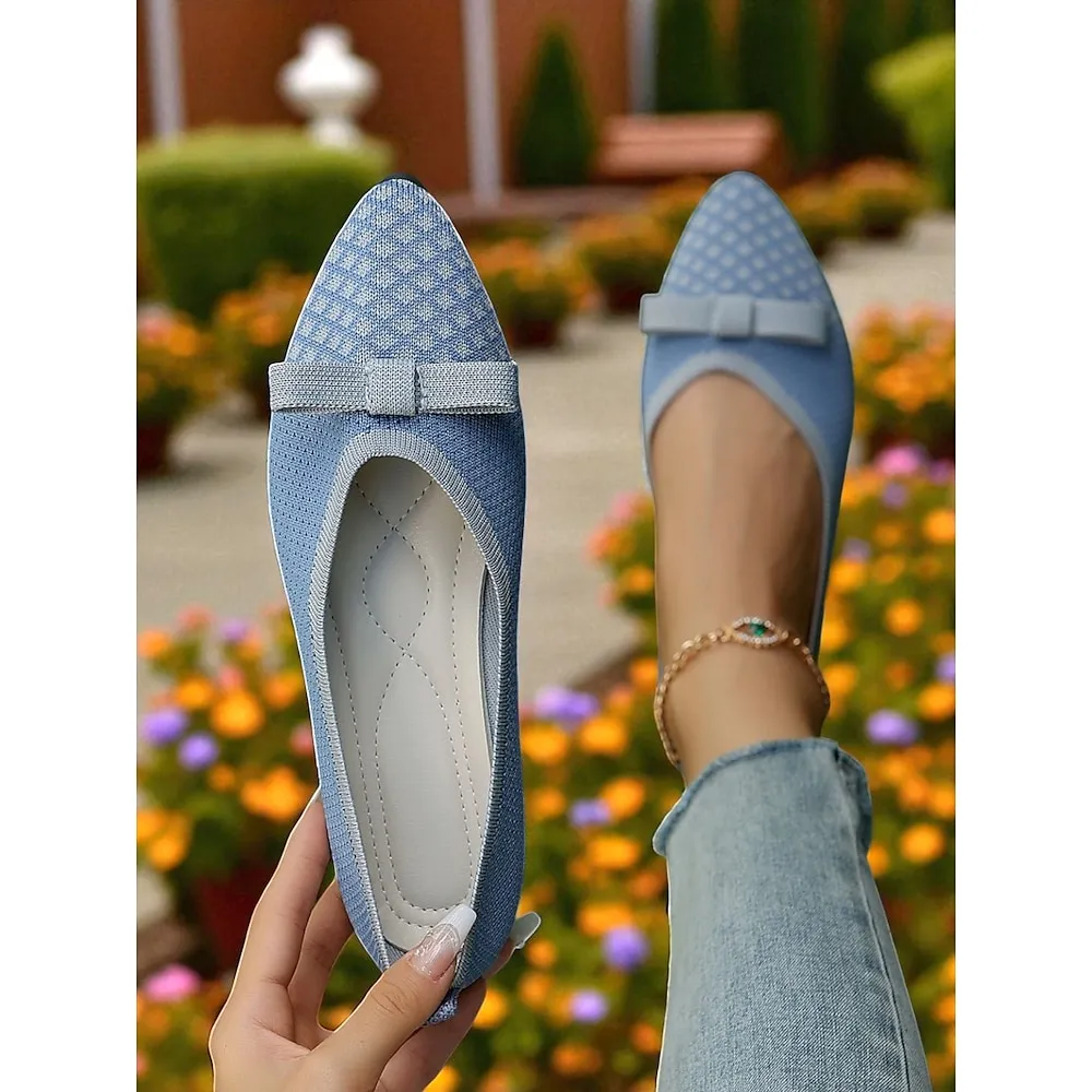 tgpvip1751540125716.webp Women's Light Blue Flyknit Pointed Toe Flats with Bow - Breathable Casual Ballet Shoes for Ladies and Teens, Ideal for Spring, Garden Walks, and Daily Wear - Image 1
