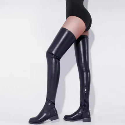 Women's Black Over-the-Knee Faux Leather Boots with Low Heel – Stylish Zip-Up Thigh High Boots for Fall and Winter Streetwear or Night Out