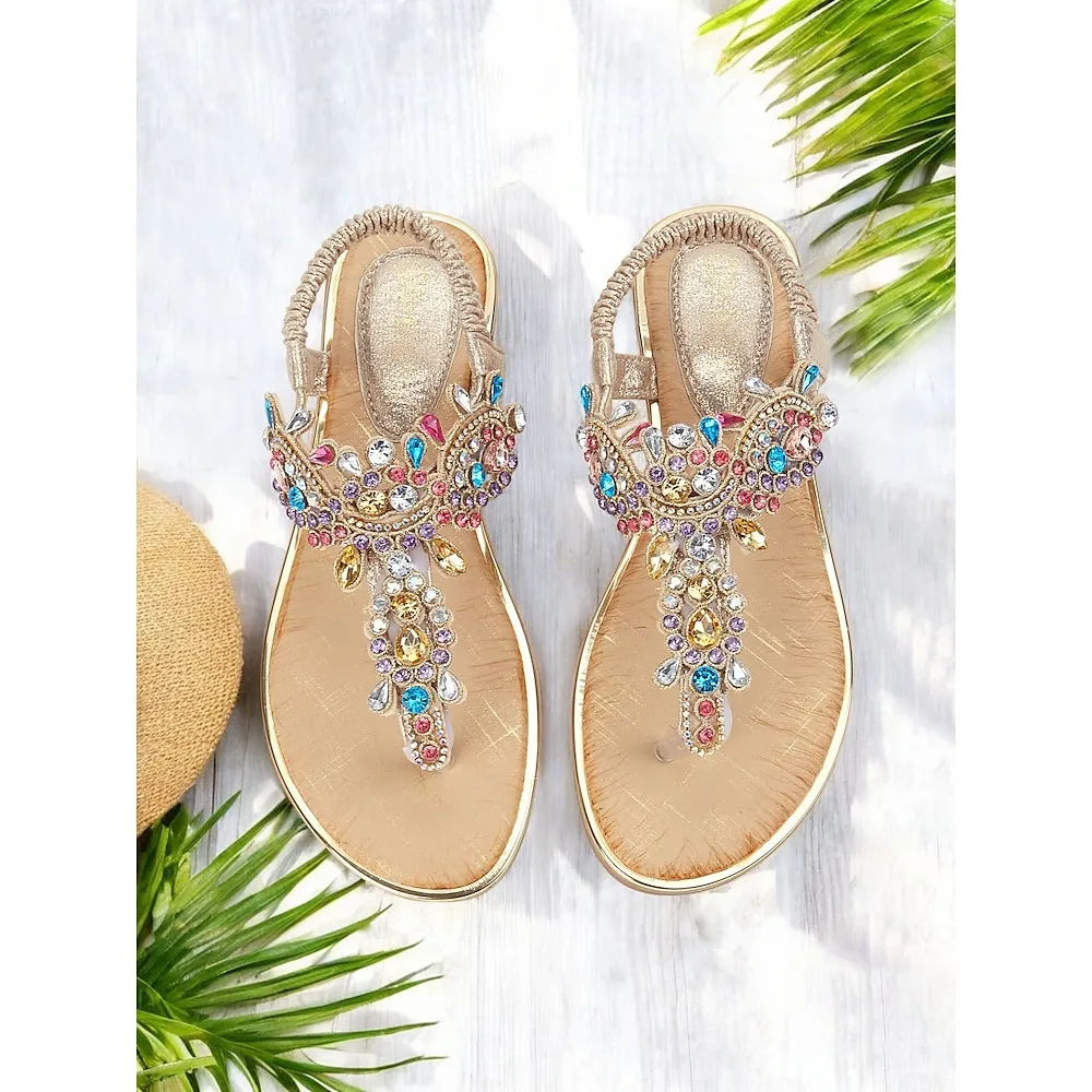 usmjfh1742814829506.webp Women's Gold Rhinestone Flat Sandals – Elegant Bohemian T-Strap Sandals for Summer, Beach Vacations, and Casual Outings - Image 1