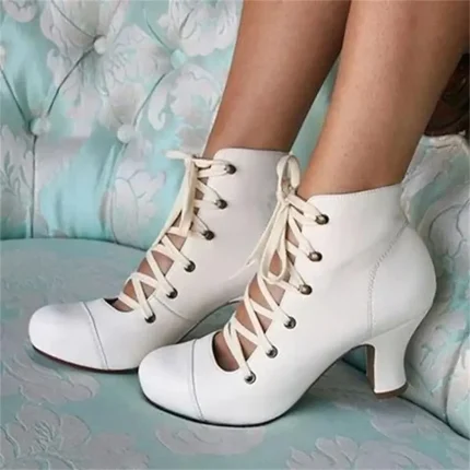 Women's Vintage Victorian Lace-Up Ankle Boots – Retro Style White Mid-Heel Boots for Cosplay & Special Events